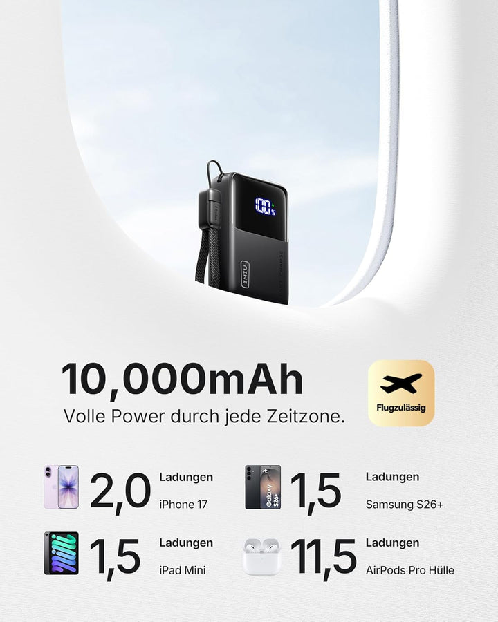 INIU Mini Power Bank, 45W 10000mAh Powerbank Klein Aber Stark (USB C In & Out), Schnellladefunktion