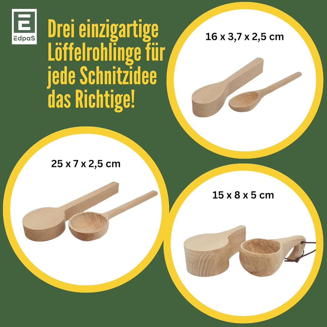 EdpaS Schnitzrohlinge Schnitzlöffel Gross aus Lindenholz – 2 Löffel-Rohlinge + 1 Kuksa-Rohling Schni