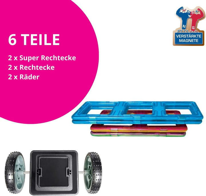 MAGNIKON 2 klick Räder mit 2 Rechtecke und 2 Super Rechtecke für Magnetische Bausteine, ideal als Ko