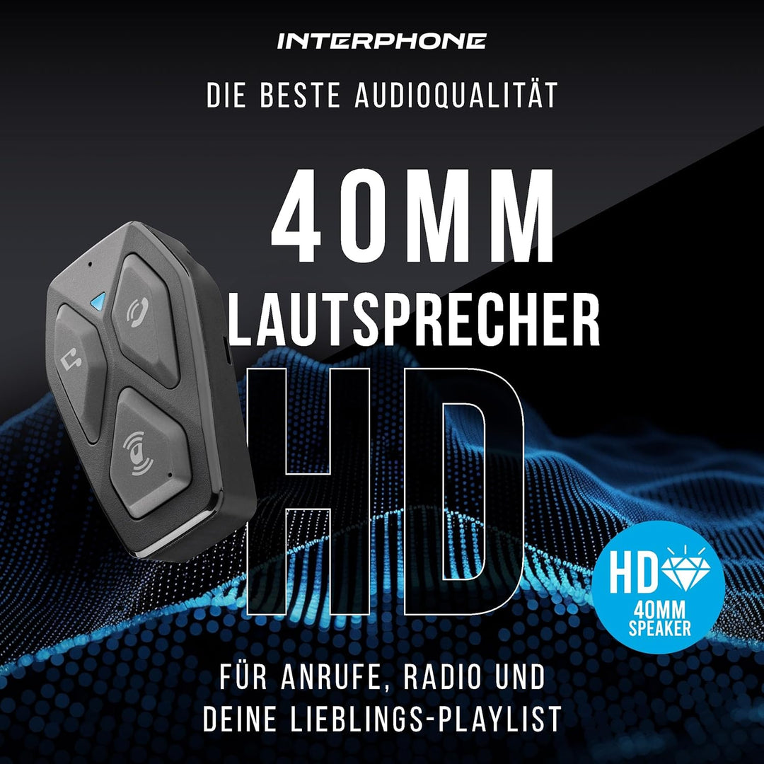 Interphone | COM3HD | Single | Bluetooth 5.1 Motorrad-Helm-Gegensprechanlage, 40-mm-HD-Kopfhörer, Mo