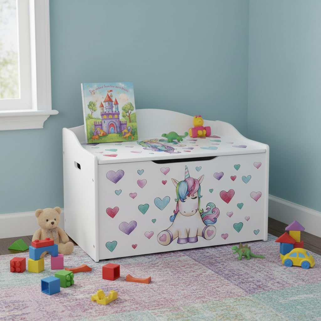 Leomark Kinderbank Hölzerne - Unicorn - Kindertruhenbank, Behälter für Spielzeug, Truhe für Kinderzi