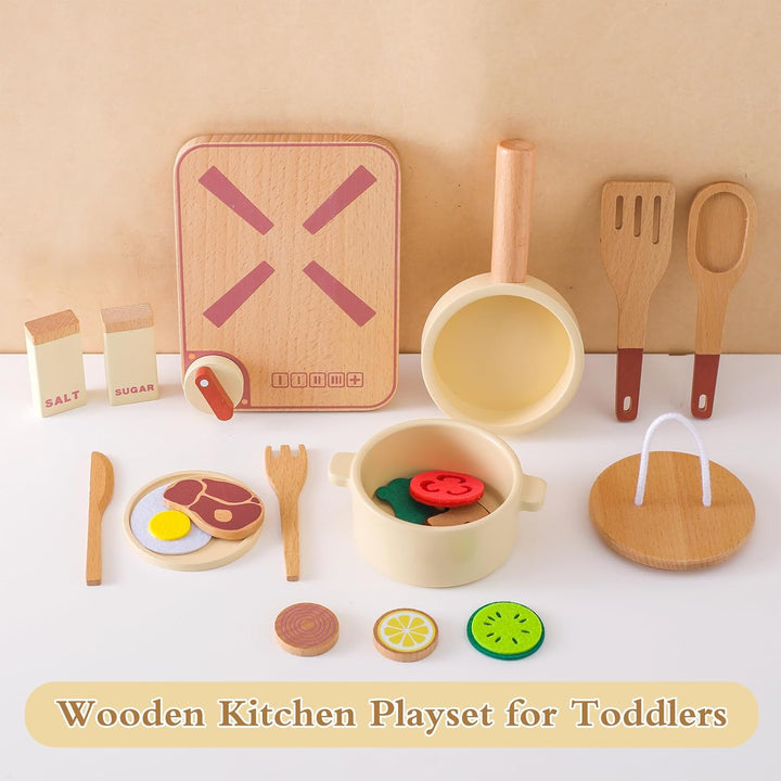 Topfset und Geschirr für Spielküche, Kinderküche Zubehör aus Holz, Küchenutensilien Pfanne Holzspiel