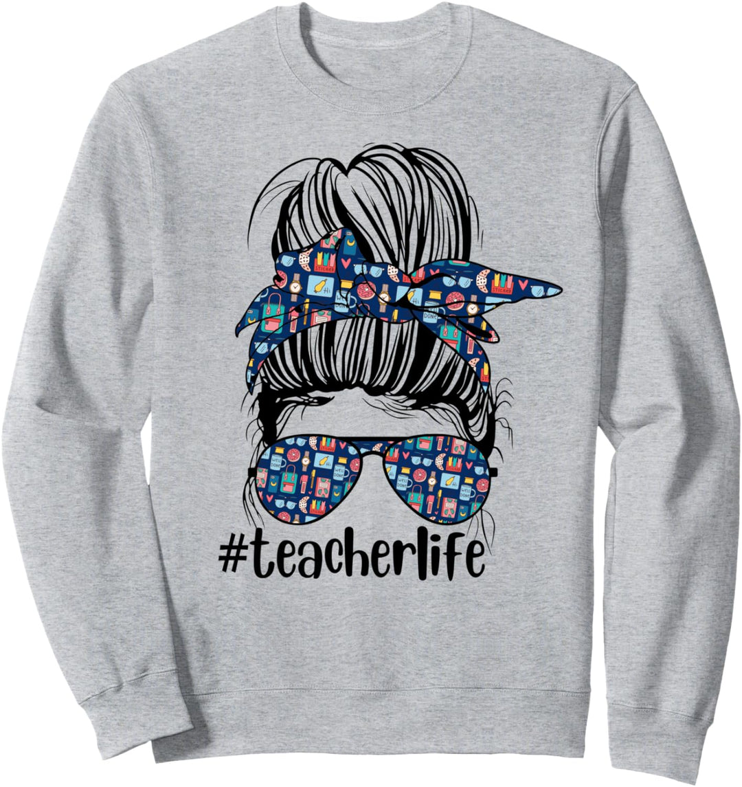 Niedliches blaues Bandana für Schule, Messy Bun Sonnenbrille Lehrer Leben Sweatshirt