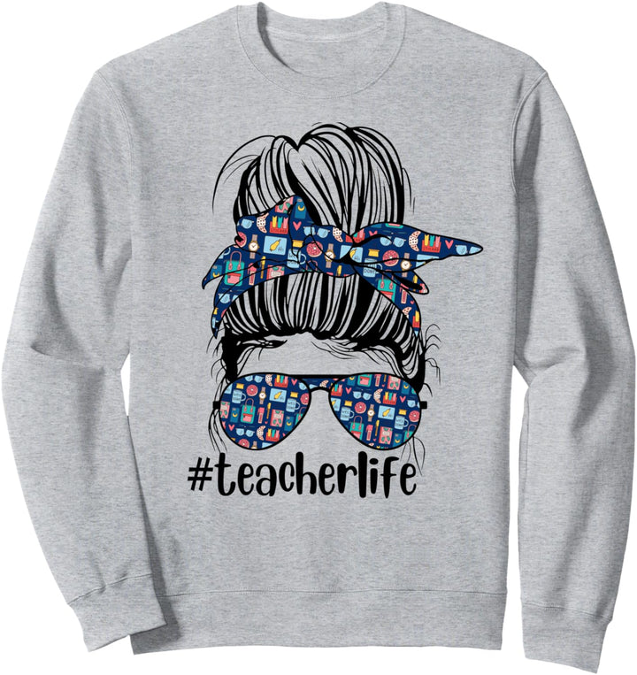 Niedliches blaues Bandana für Schule, Messy Bun Sonnenbrille Lehrer Leben Sweatshirt