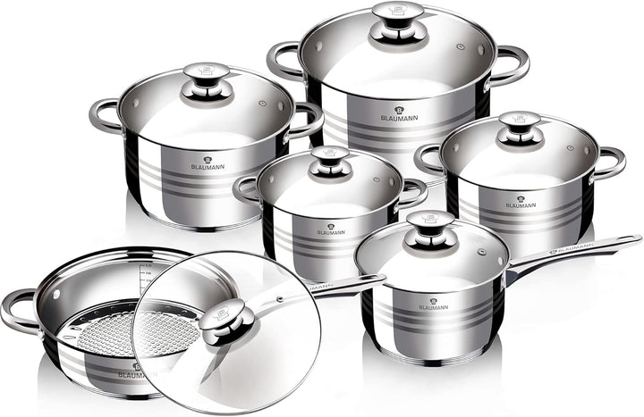 SMHLINE® 12-tlg Topfset Töpfe Set induktionsgeeignet Kochtopf Set Pfannen Edelstahl Kochgeschirr Pfa