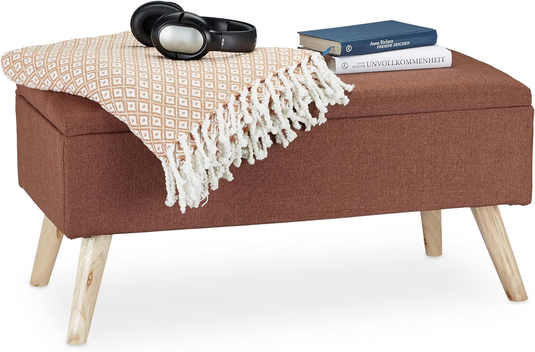 Relaxdays, braun Sitzbank mit Stauraum, gepolstert, Holzbeine, Truhenbank Stoffbezug, H x B x T: 39,