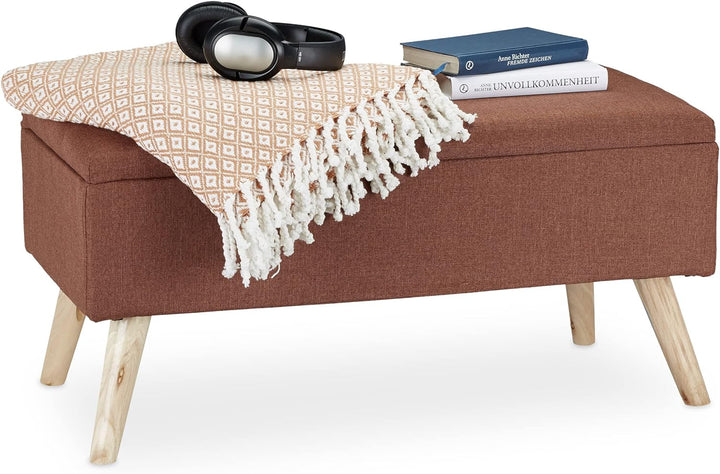 Relaxdays, braun Sitzbank mit Stauraum, gepolstert, Holzbeine, Truhenbank Stoffbezug, H x B x T: 39,