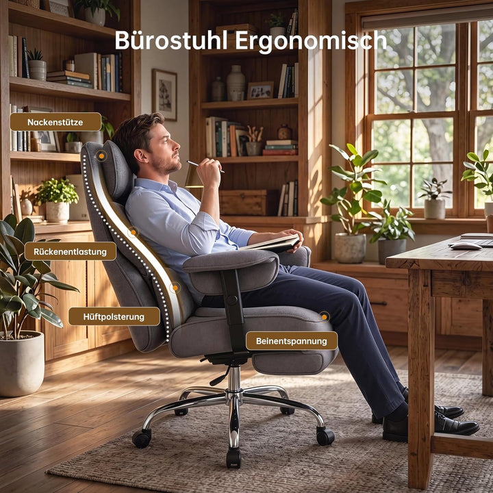 Bürostuhl Ergonomisch 200kg Belastbar XXL Chefsessel mit Fussstütze, Schreibtischstuhl Wildlederimit