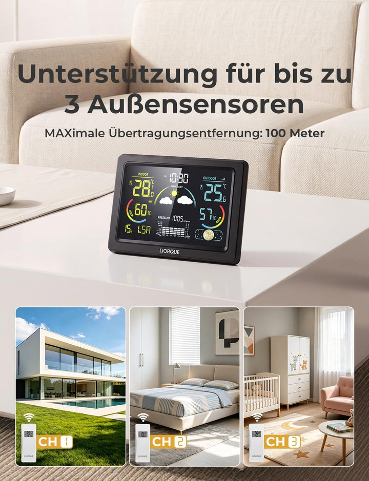 LIORQUE Wetterstation Funk mit Aussensensor, DCF Funkuhr, Funkwetterstation mit Wettervorhersage, In