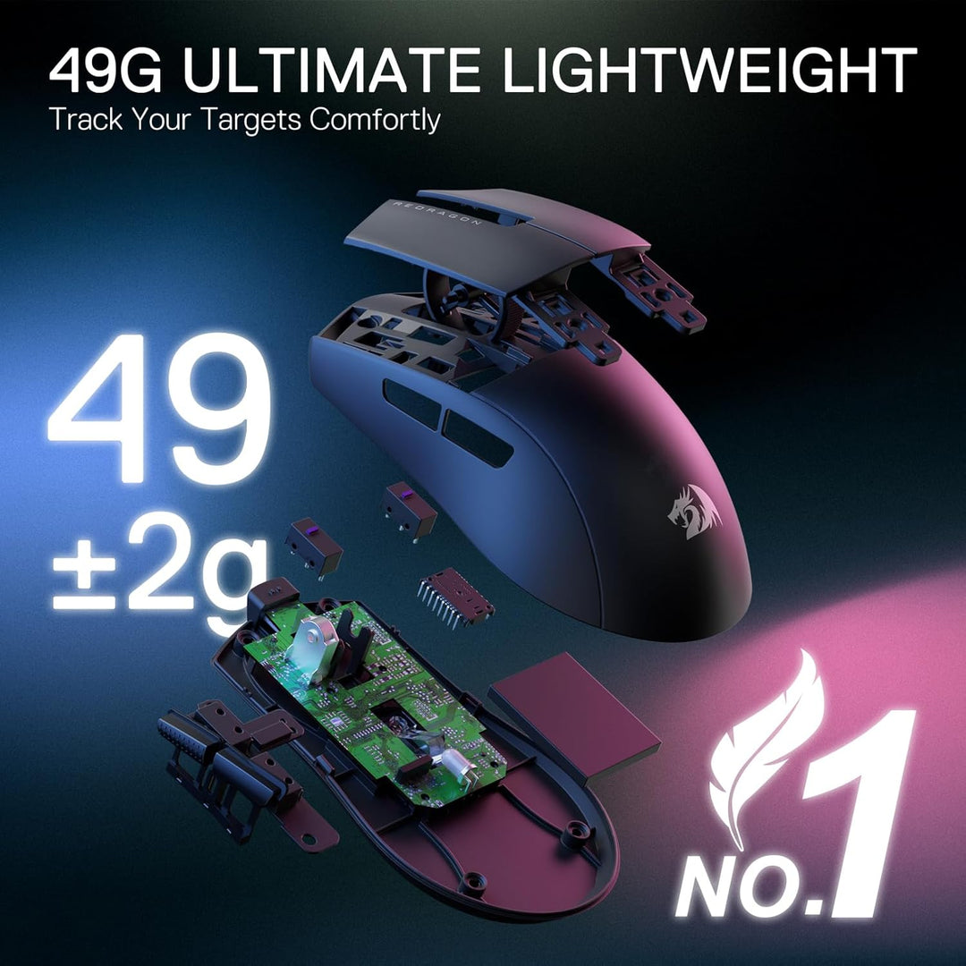 Redragon M916 Kabellose Gaming Maus, 49G Ultra-Light 8K DPI 2.4G Kabellose Gaming-Maus mit ergonomis