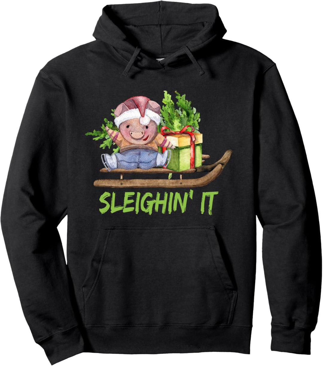 Sleighin It Christmas Sleighing Illustration Pullover Hoodie