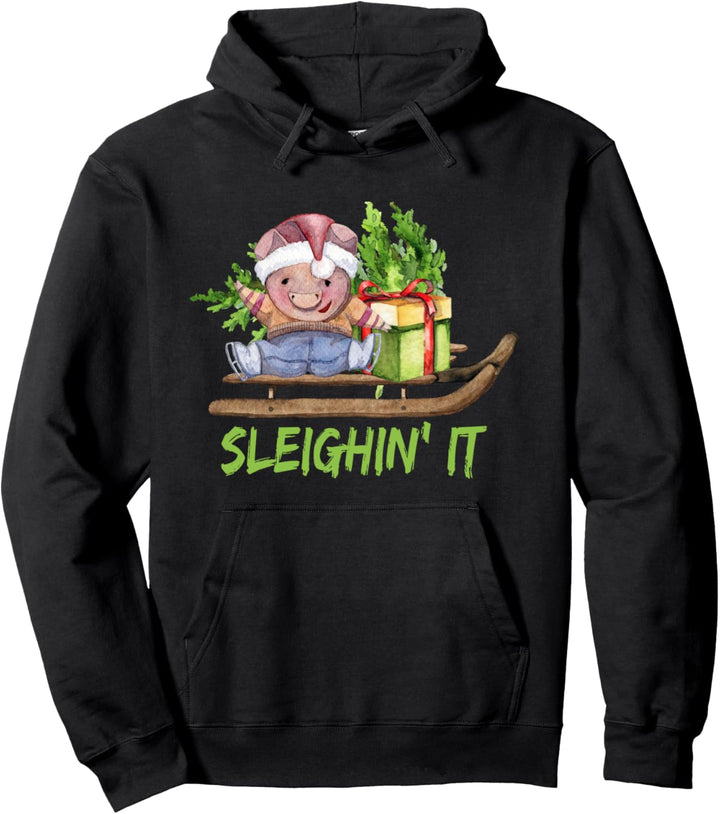 Sleighin It Christmas Sleighing Illustration Pullover Hoodie