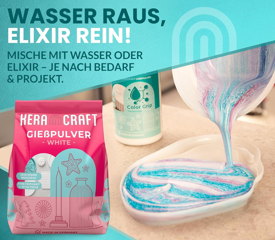 KERACRAFT Giesspulver weiss 4,5kg + Elixir 1,5kg - Reliefgiesspulver weiss für kreative Projekte & K