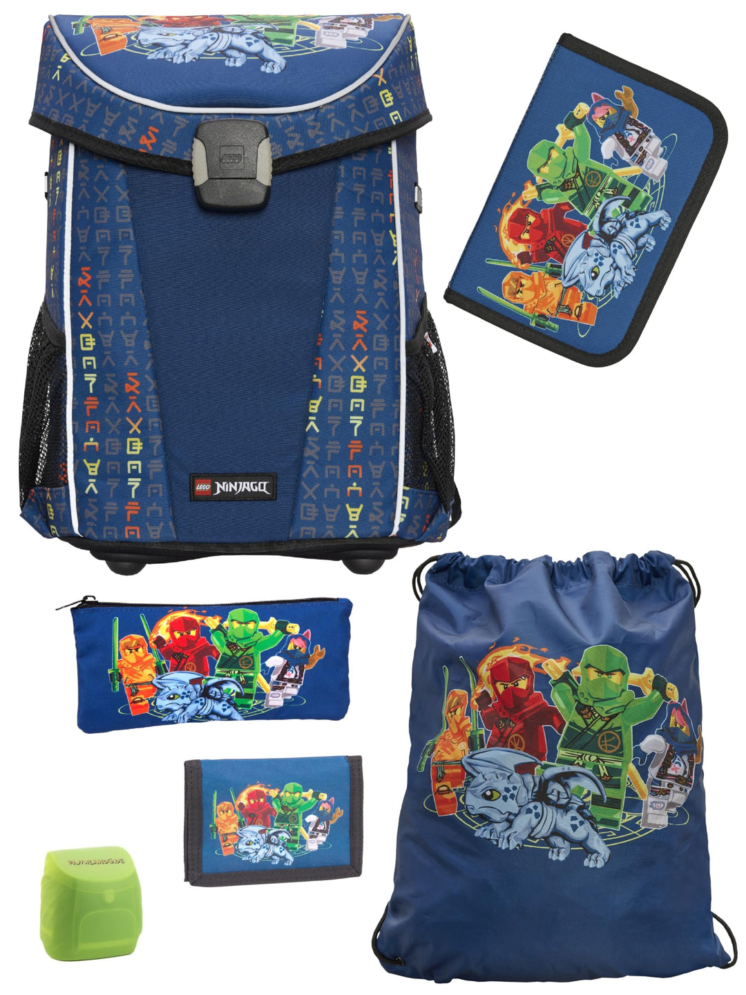 Familando Lego Ninjago Schulranzen-Set 5tlg. Easy mit Federmappe gefüllt, Turnbeutel, Regenschutz un