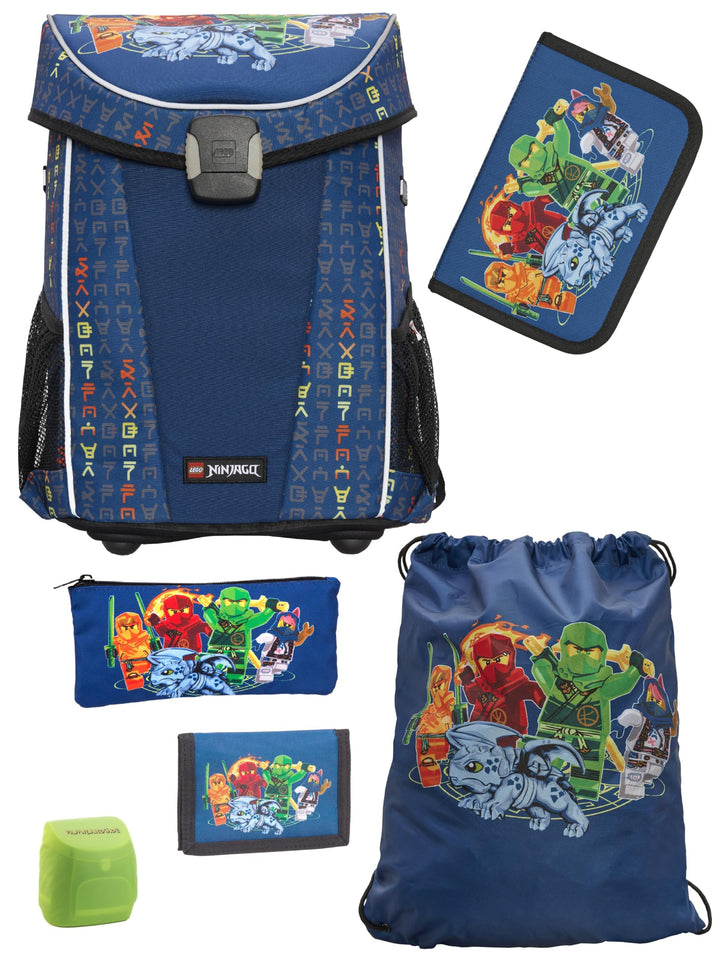 Familando Lego Ninjago Schulranzen-Set 5tlg. Easy mit Federmappe gefüllt, Turnbeutel, Regenschutz un