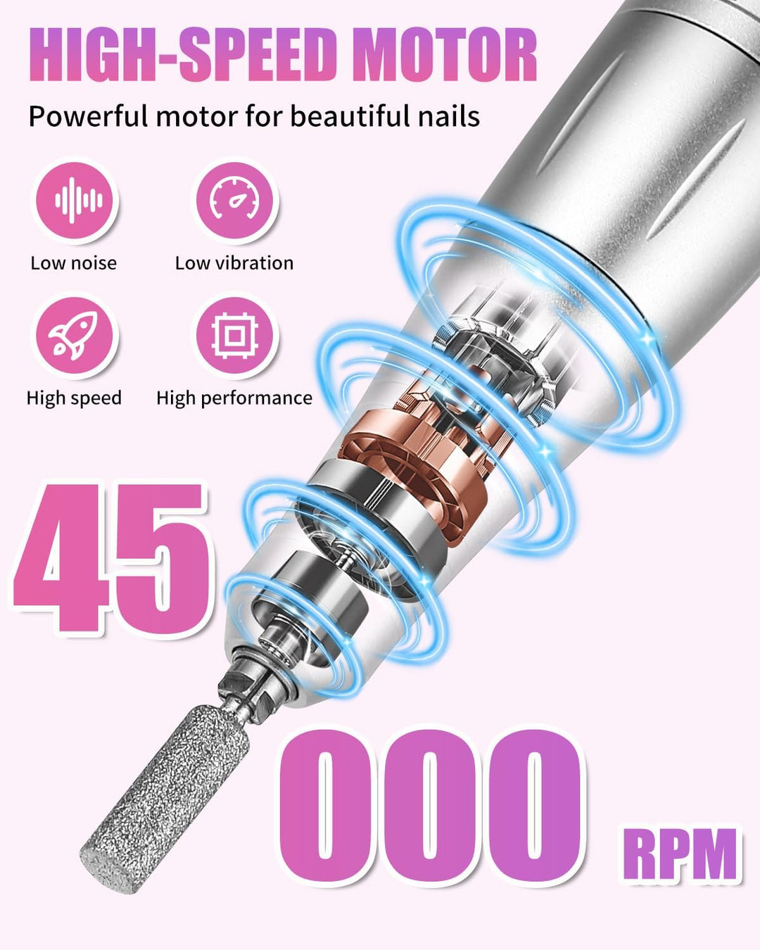 Nagelfräser,Elektrische Nagelfeile 45000 U/min,Fräser Nägel mit LED Display und Pause Funktion,USB A