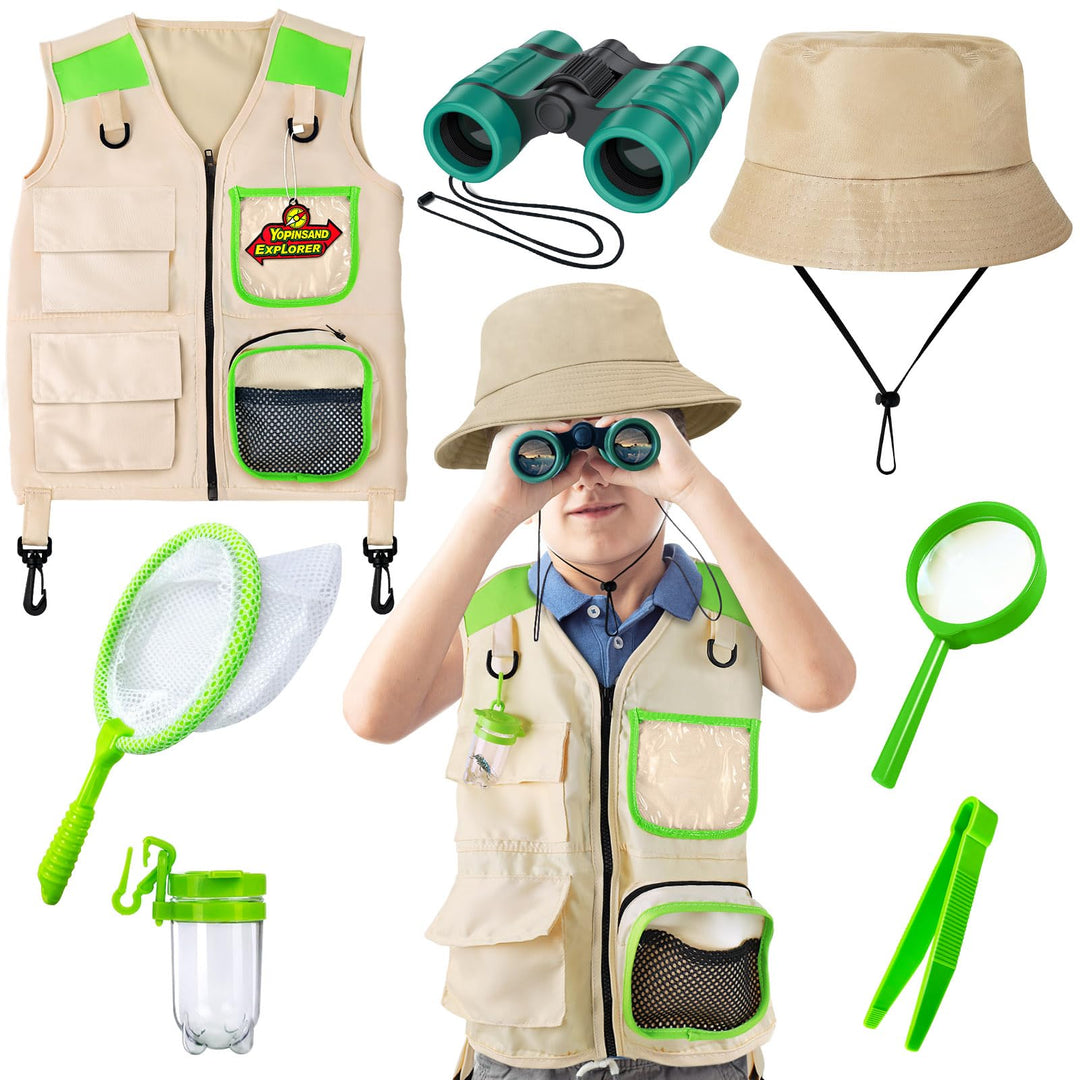 Forscherset für Kinder, Exploration Spielzeug mit Weste, Hut und Kindern Fernglas, Kindern Campingau