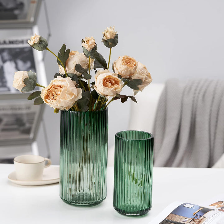 TIMEFOTO Blumenvase, 24.6 cm, grün, verdickt, handblasbare Glasvase, runde Vintage-gestreifte Flasch