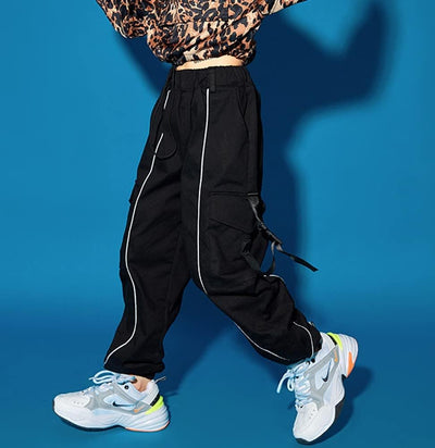 Kinder Cargo Hose Elastische Taille Jogger Hose für Jungen Mädchen Street Hip Hop Schwarzer Streifen