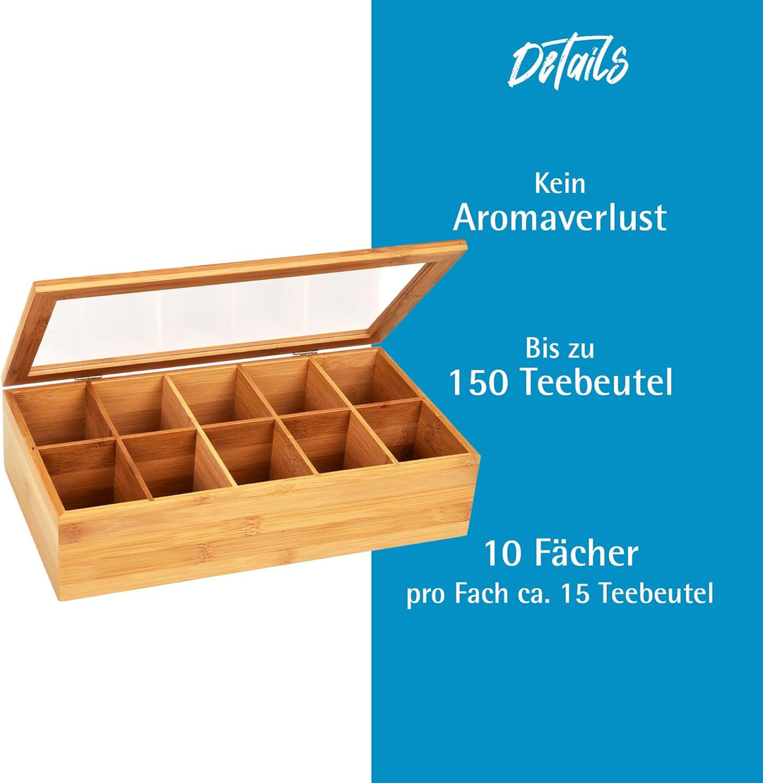 GRÄWE Teebox aus Bambus mit 10 Fächern, klappbarer Deckel, Sichtfenster, Teebeutelbox für aromagesch