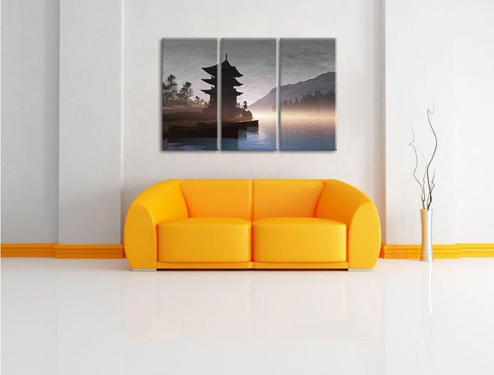 Pixxprint Chinesisches Haus B&W Detail 3-Teiler Leinwandbild 120x80 Bild auf Leinwand