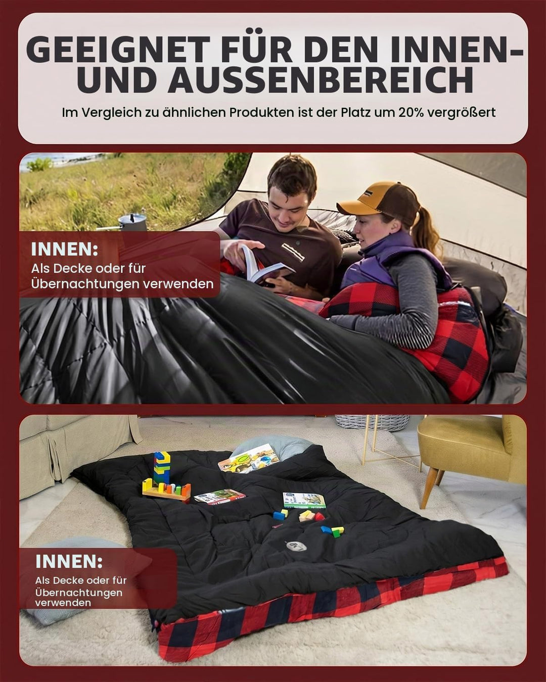 Doppelschlafsack Flanell, 2 Personen Schlafsack Outdoor 220 x 160 cm, Verbesserter Doppel Zippern, m