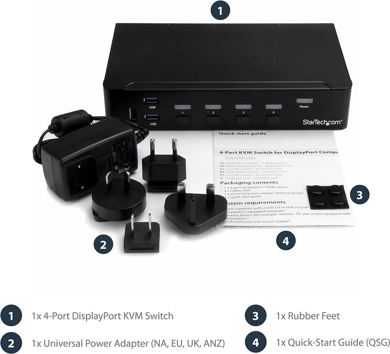 StarTech.com 4 Port DisplayPort KVM Switch - 4K 60Hz - Einzelner DP 4K Bildschirm - Vier Port UHD DP