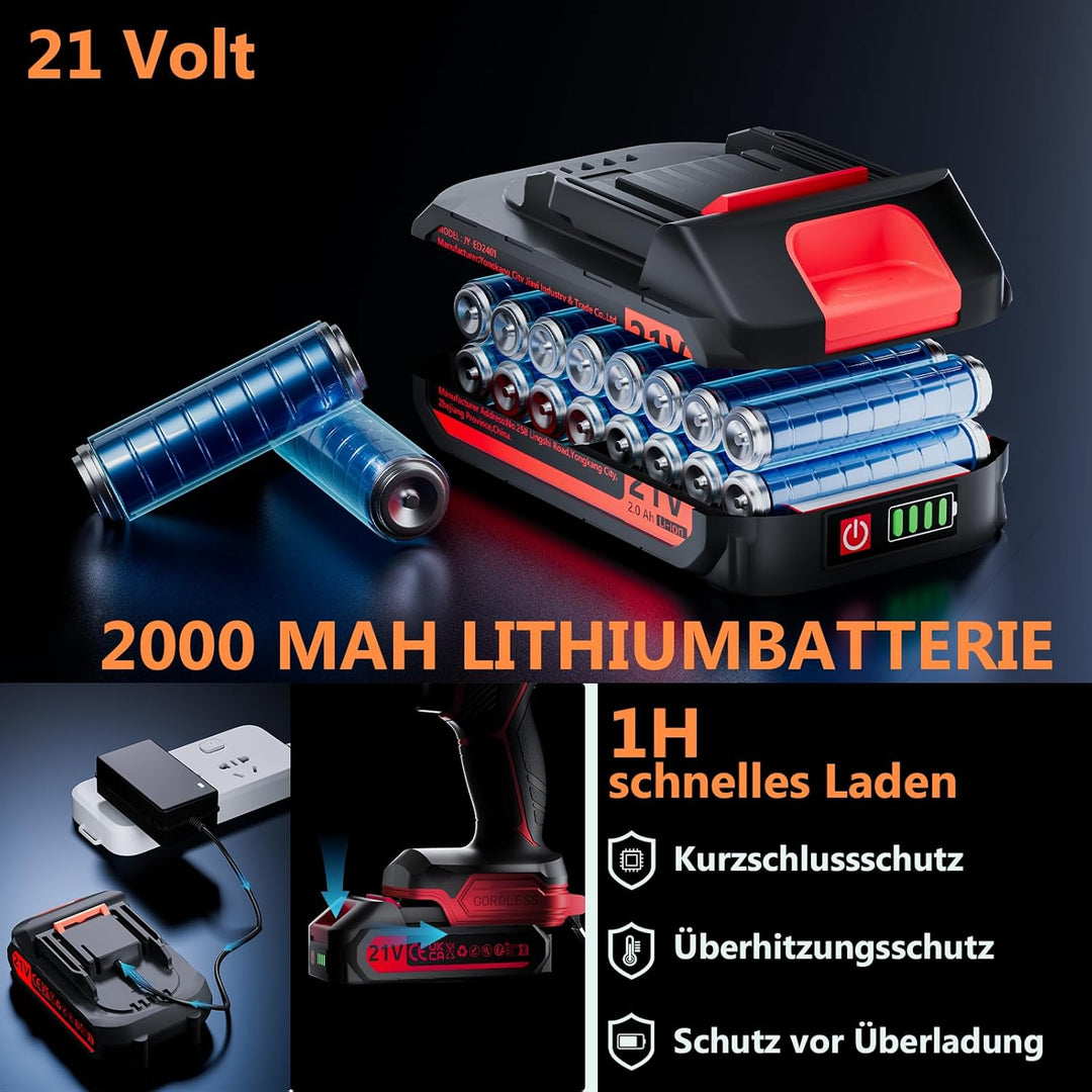Akkuschrauber, 21V Akku Bohrschrauber Set mit Akku 1×2000mAh 45Nm Drehmoment Max 25+3 Drehmomentstuf