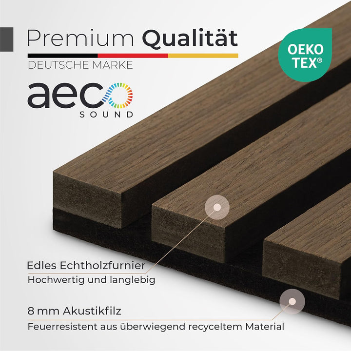 Aeco Sound® Akustikpaneele Holz – 4er-Set | 120x60cm | Echtholz Walnuss & Akustikfilz Schwarz – 3D W