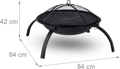 Relaxdays Feuerschale, Funkenschutz, Grill- & Holzrost, Schürhaken, Garten & Terrasse, D 55,5 cm, Fe