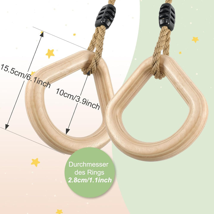 Holz Turnringe,Trapez schaukel,Schaukelringe mit Einstellbarer Hanfseil,Gymnastikringe für Kinder In