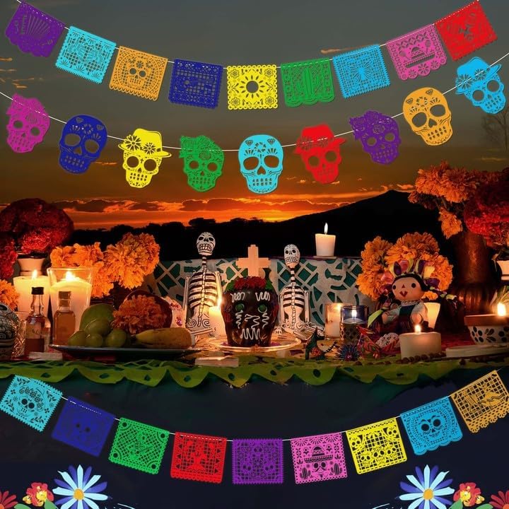HOWAF 27 Dia De Los Muertos Deko Tag der Toten Banner Filz Dia De Los Muertos Girlande Mexiko Hallow