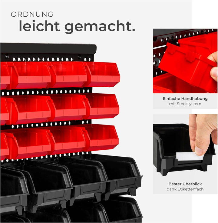 tectake® Werkstatt Wandregal, 62teilig, Stapelboxen, Kleinteilemagazin, Werkzeugwand, Schubladenbox,