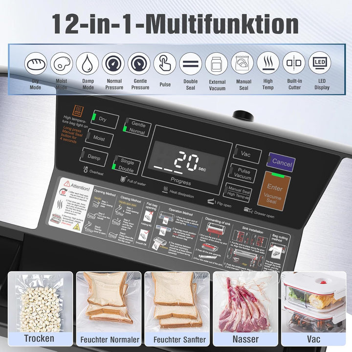 OidoZac 85kPa Vakumierergerät für Lebensmittel, 12-in-1 Folienschweissgerät mit Easy-Lock Griff, Vak