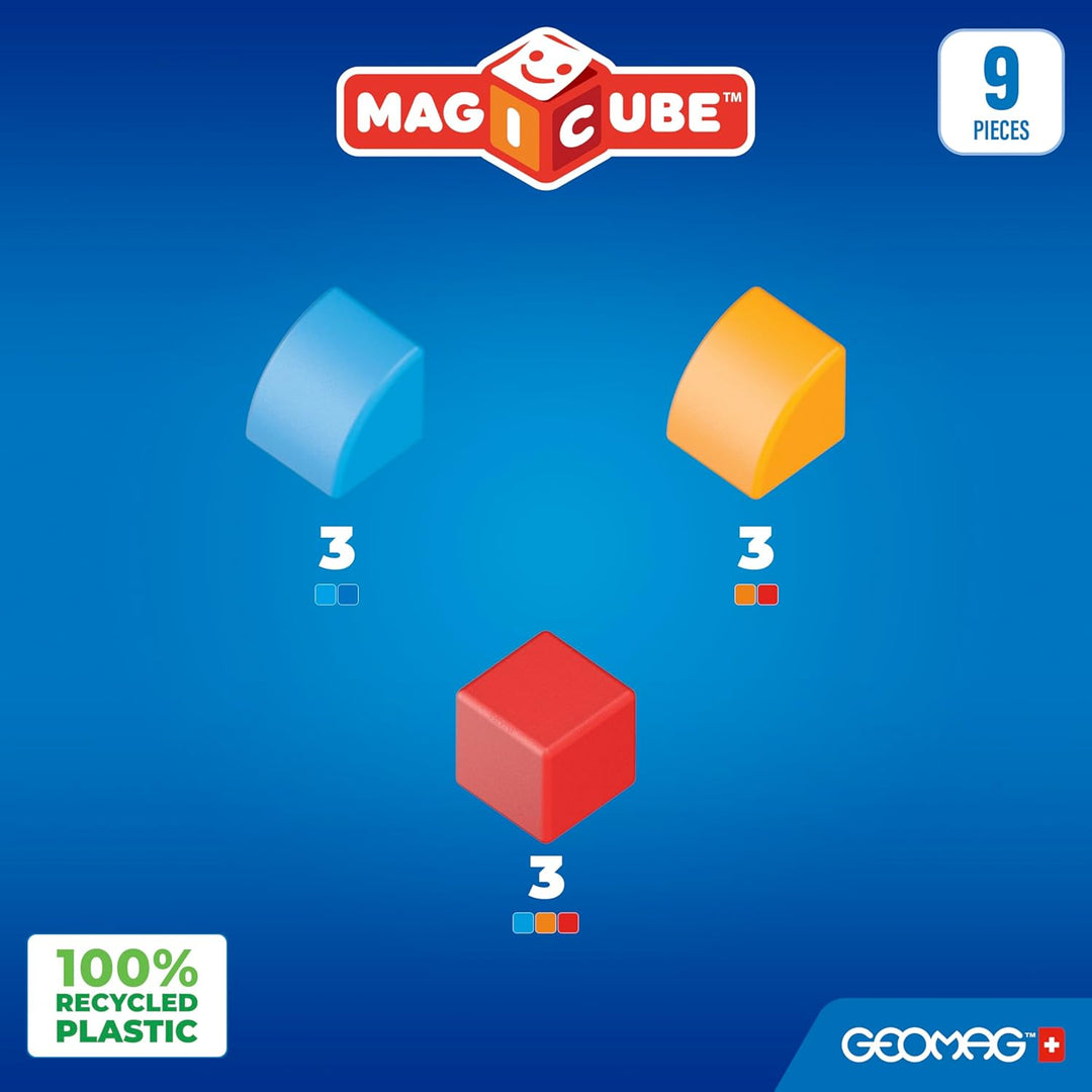 GEOMAG - MAGICUBE - 9 Magnetische Bausteine Rot/Orange/Blau - Pädagogisches Spielzeug Für Kinder Ab