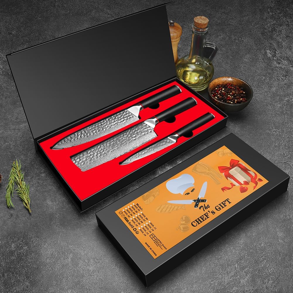 Home Safety Damast Kochmesser, 3STK Damastmesser Set VG10-Kernstahl mit 67 Schichten, professionelle