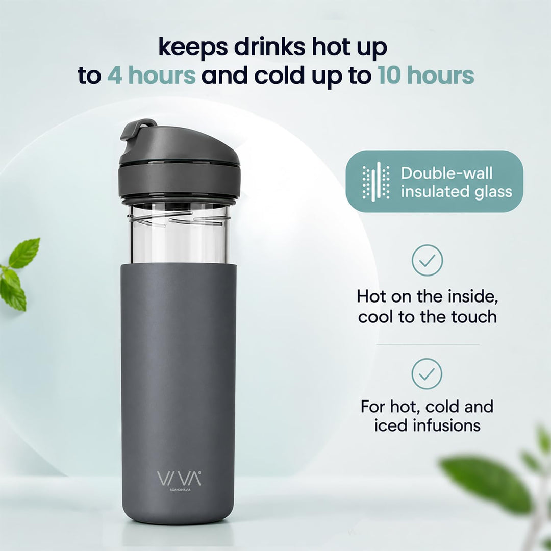 VIVA Recharge Thermobecher to go, Edelstahl, Tee-Sieb, 0,46 l, Grau | Doppelwandig isolierter Edelst
