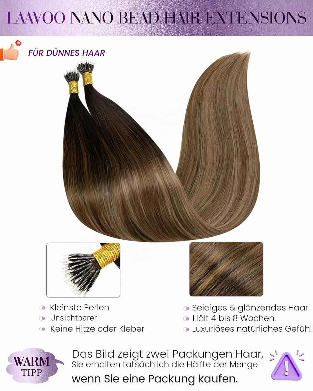 LaaVoo Balayage Echthaar Nanoring Extensions Dunkelstes Braun mit Mittel Braun und Aschblond 35 cm C
