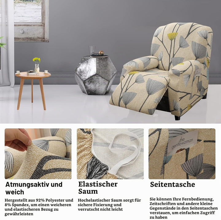 Stretchhusse für Relaxsessel - 4-Teilig Set mit Seitentasche, rutschfest, waschbar - Recliner Cover,
