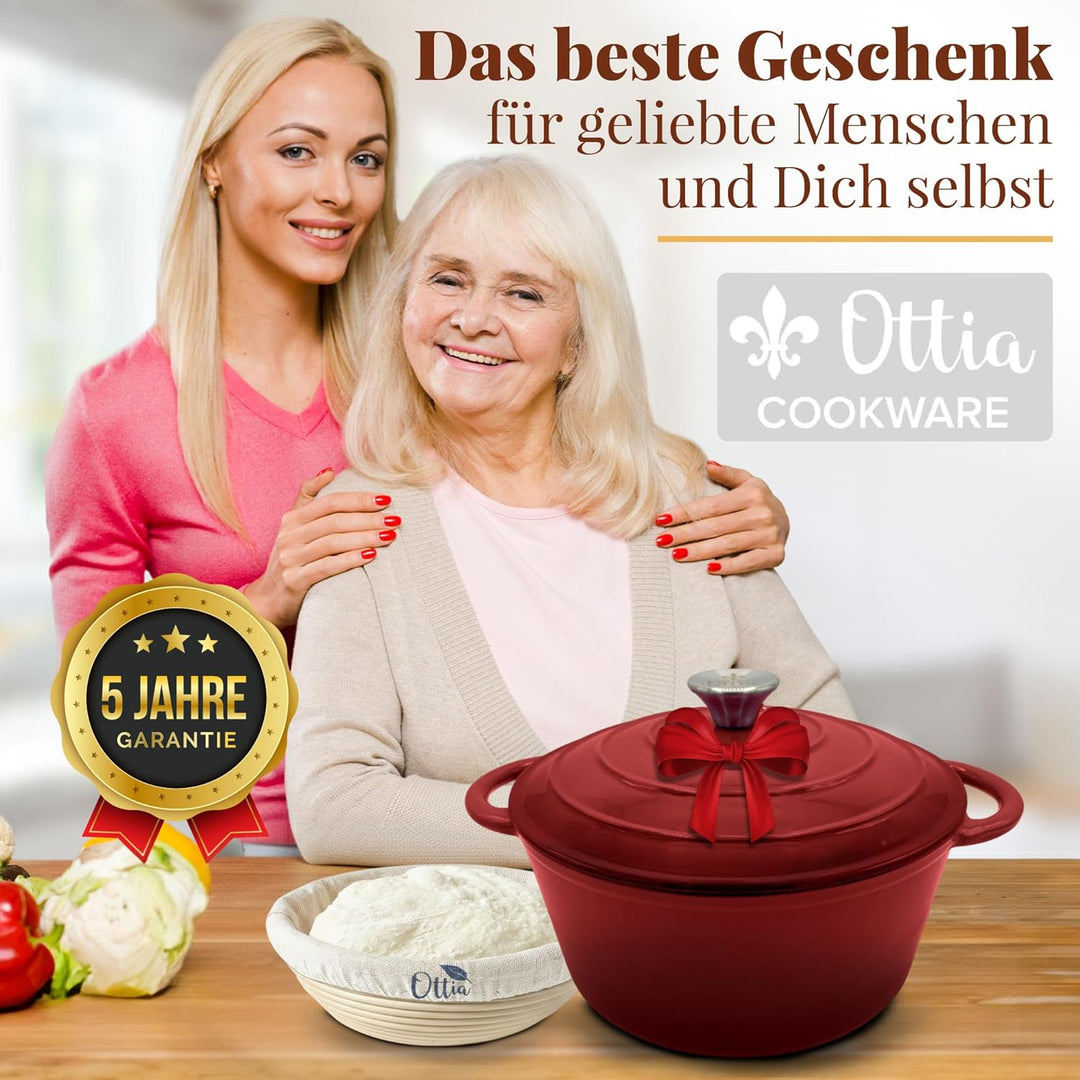 Ottia Gusseisen Topf brot backen [inkl. Gärkorb] - Emaille Topf 26cm - Dutch Oven, Brotbackform, Bro