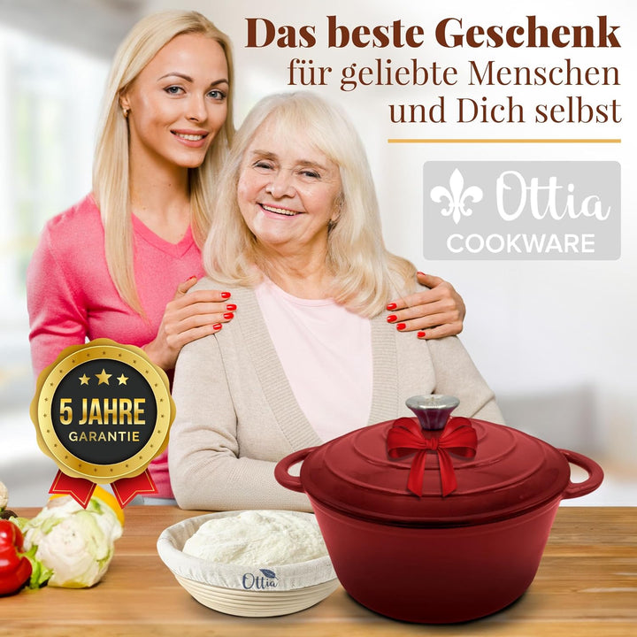 Ottia Gusseisen Topf brot backen [inkl. Gärkorb] - Emaille Topf 26cm - Dutch Oven, Brotbackform, Bro
