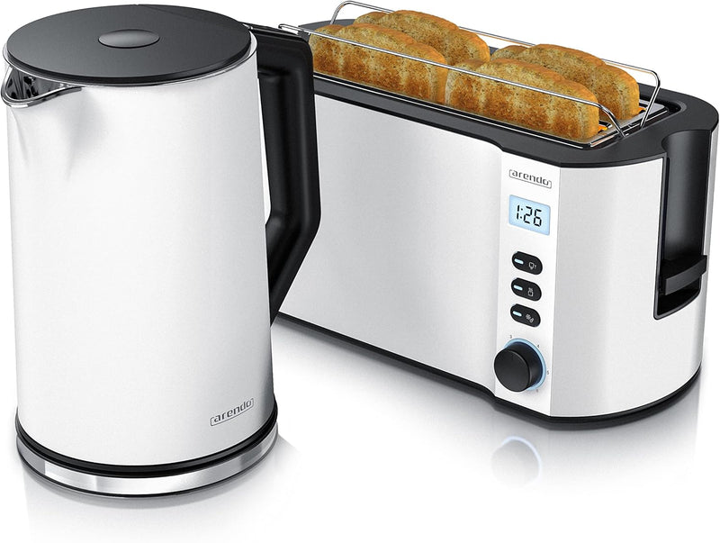 Arendo - Wasserkocher mit Toaster SET Edelstahl Weiss matt, Wasserkocher 1,5L 40° 100° Warmhaltefunk