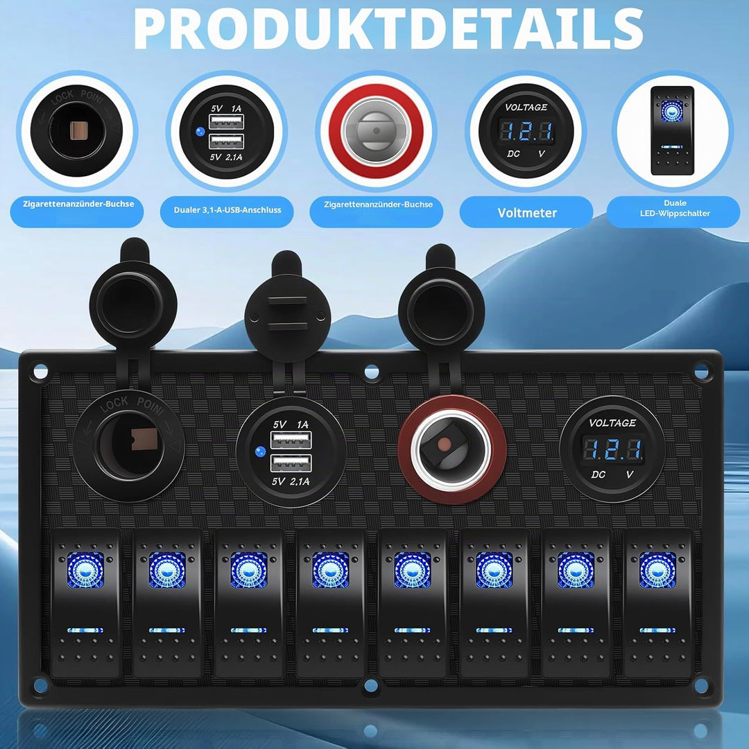 Geloo Marine Boat 8 Gang Schalter Panel Wasserdicht Toggle Rocker Zündschalter mit Voltmeter Display