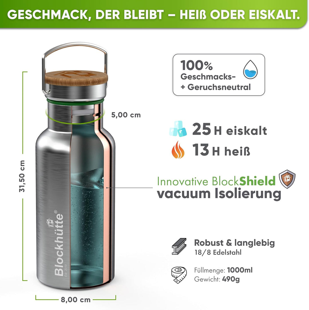 Blockhütte Premium Edelstahl Trinkflasche isoliert I 1L I mit Naturborsten Bürste I Isolierflasche a