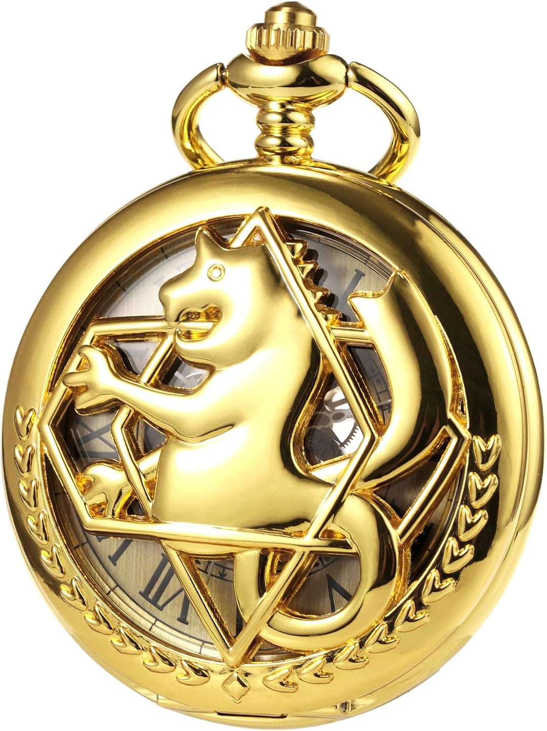 TREEWETO Unisex Taschenuhr Mechanisch Doppelter Abdeckung Fullmetal Alchemist Skelett Steampunk Für