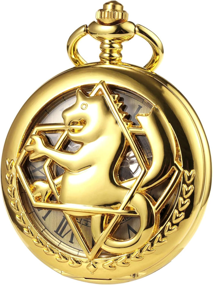 TREEWETO Unisex Taschenuhr Mechanisch Doppelter Abdeckung Fullmetal Alchemist Skelett Steampunk Für