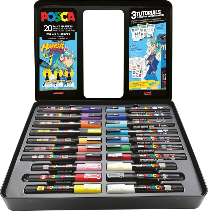 POSCA 186833 Marker Set Manga Hero, 20 Acrylstifte inkl. Tutorials, Poster und Sticker, PC-1M, PC-3M