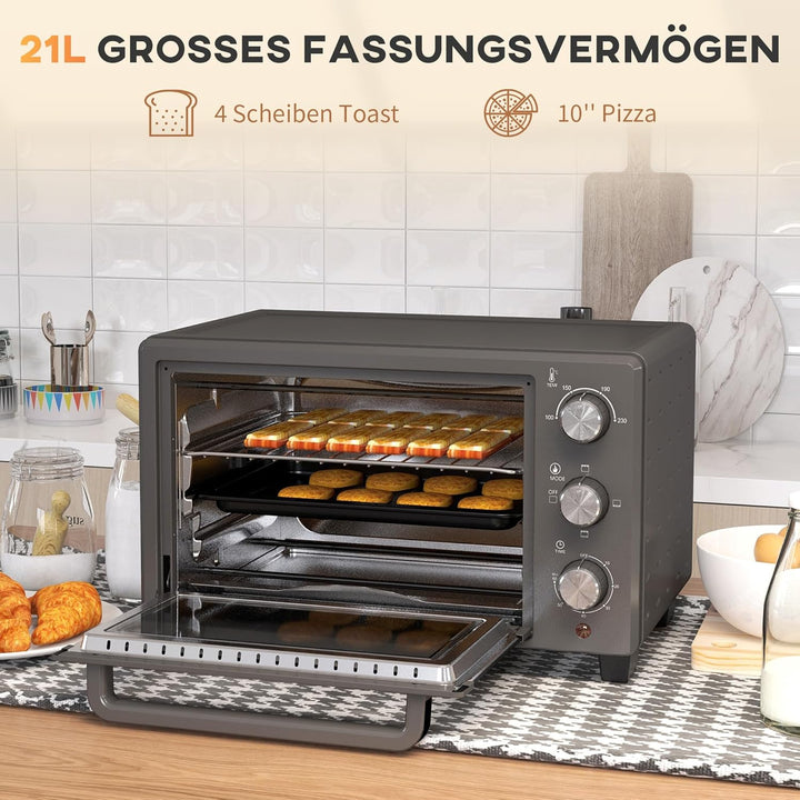 HOMCOM Minibackofen 21L 1400W 60 Min. Timer, Kleinbackofen mit 100 °C-230 °C einstellbar Temperatur