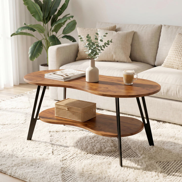 Manora Ovaler Couchtisch Braun mit Ablagefach &amp; Metallbeinen - Moderner Wohnzimmertisch Kaffeetisch