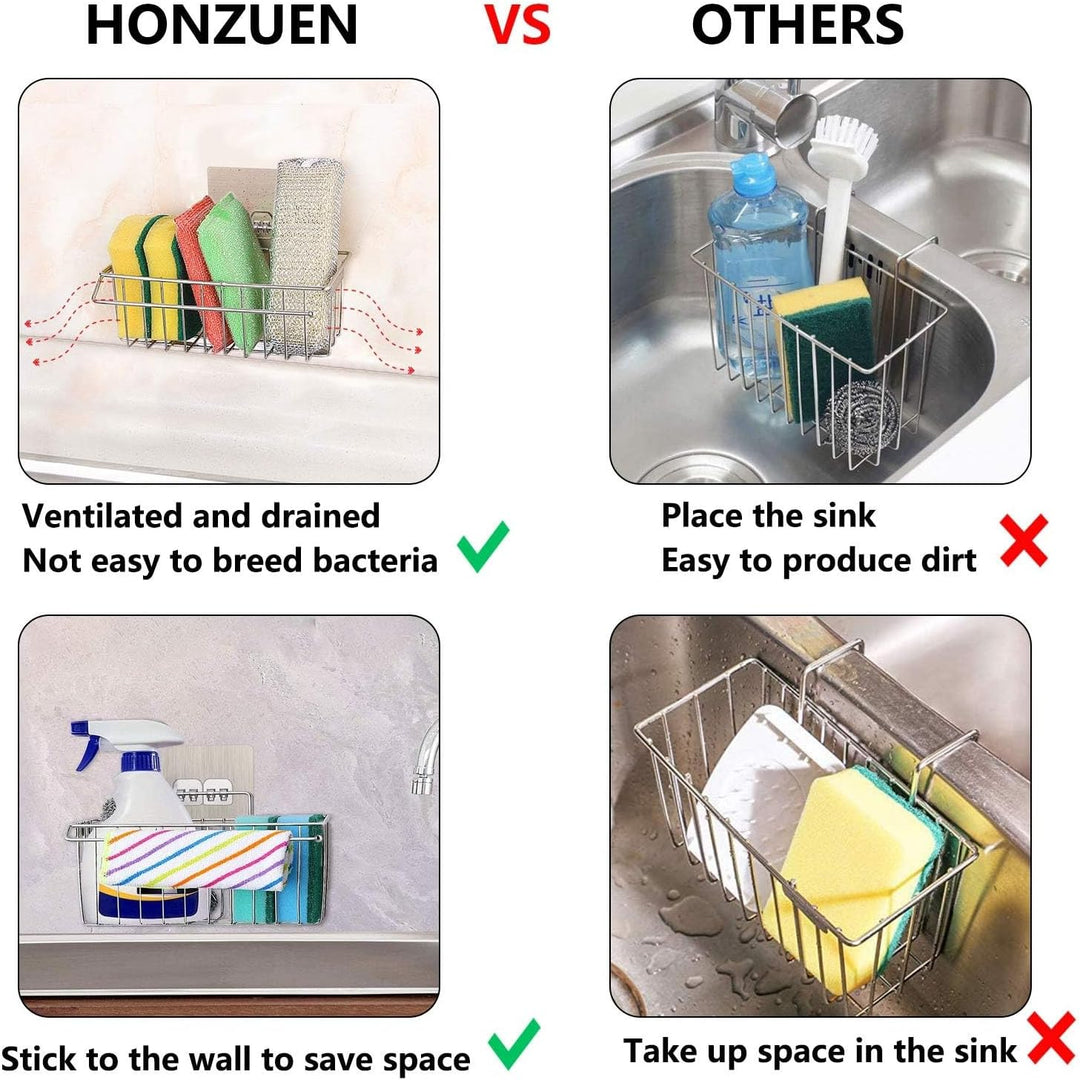 HONZUEN Selbstklebend Spülbecken Organizer, 2 in 1 Kein Bohren Erforderlich Schwammhalter Edelstahl